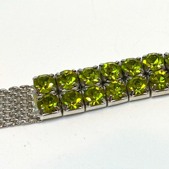 Green Rhinestones and Silver tone Mesh Bracelet Stretch Magnet Closure - Picture 7 of 9